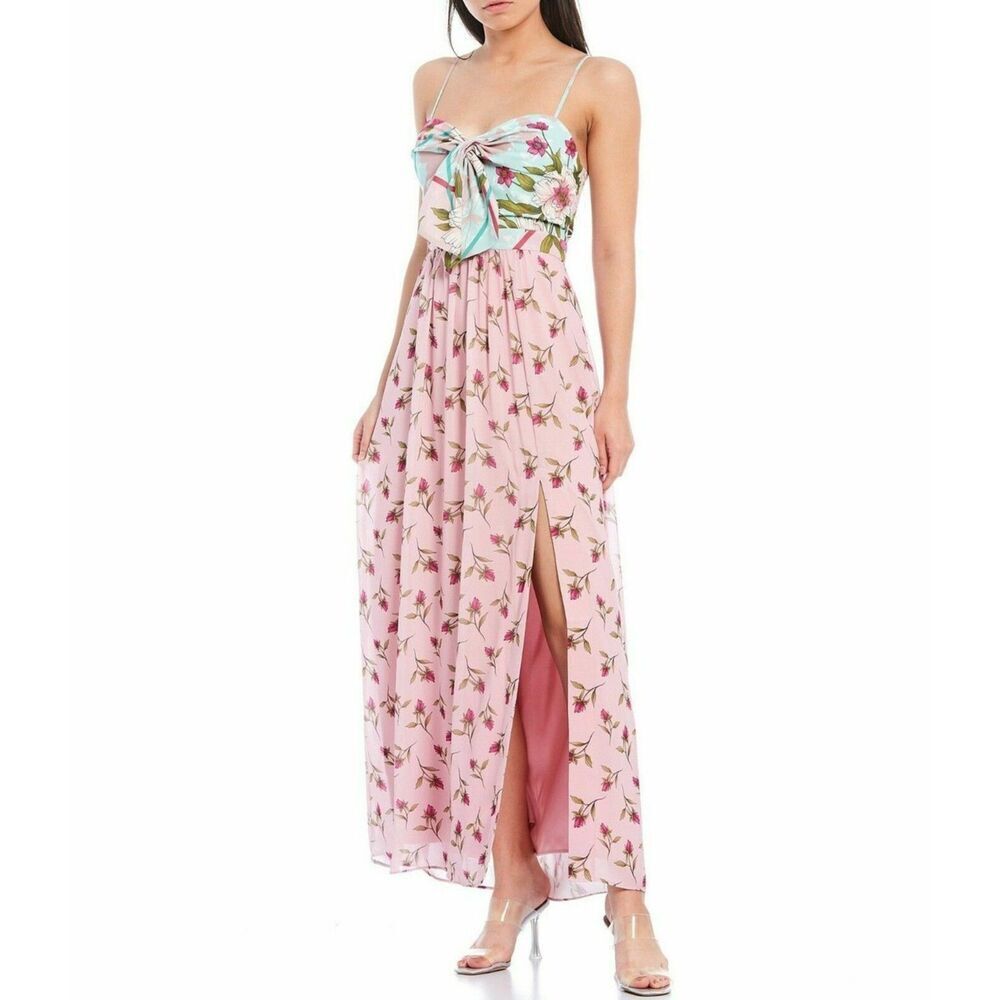 BADGLEY MISCHKA Pink Blue Floral Print Sweetheart Spring Maxi Slip Dress Size 6
